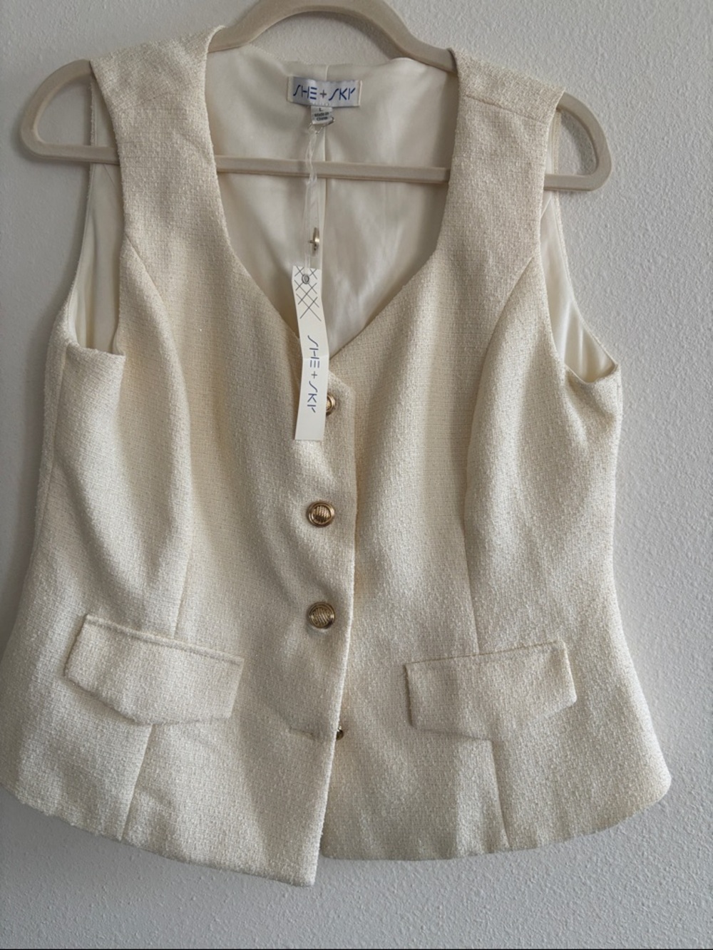 She + Sky Cream Textured Button-Down Vest and shorts